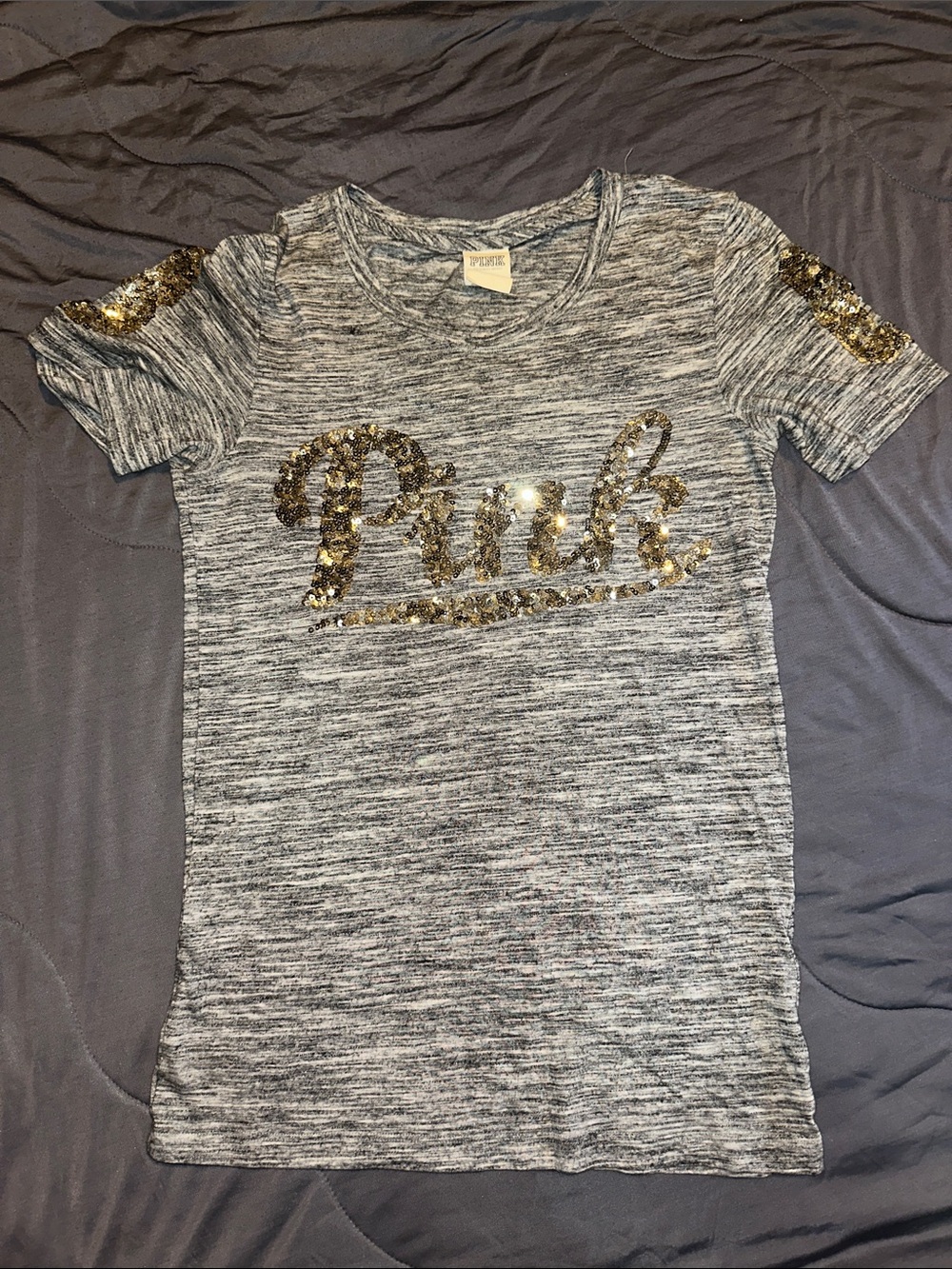PINK Victoria's Secret Gray Heather Tee with Gold Sequin Logo
